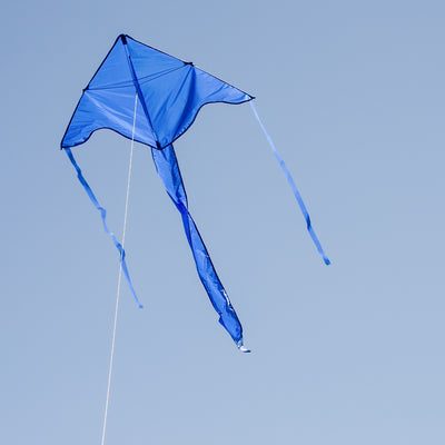 Blue Colorfly 43 inch Fly-Hi Kite soaring in the sky, featuring a solid blue design, crafted for easy flying and outdoor enjoyment.