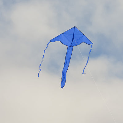 Blue Colorfly 43 inch Fly-Hi Kite soaring in the sky, featuring a solid blue design, crafted for easy flying and outdoor enjoyment.