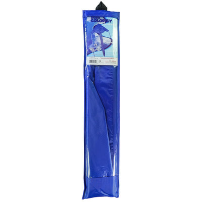 Blue Colorfly 43 inch Fly-Hi Kite soaring in the sky, featuring a solid blue design, crafted for easy flying and outdoor enjoyment.