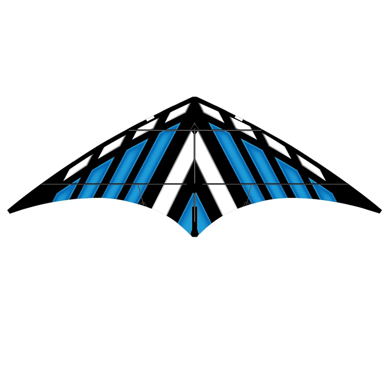 Blue DC Sport 70 Kite featuring sturdy fiberglass frame and ripstop fabric, soaring high against a clear blue sky.