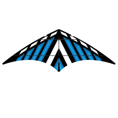 Blue DC Sport 70 Kite featuring sturdy fiberglass frame and ripstop fabric, soaring high against a clear blue sky.