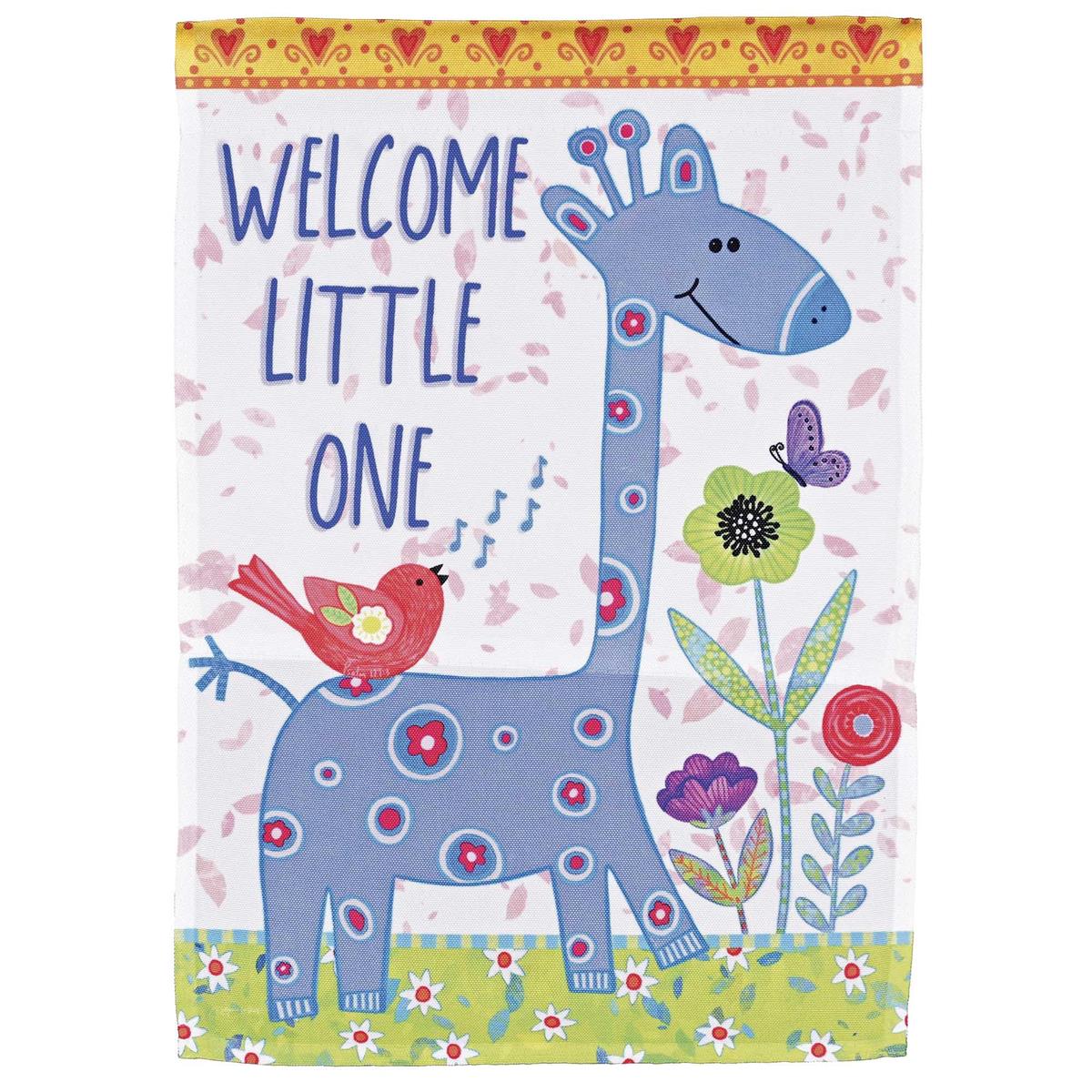 Blue Giraffe Welcome Little Garden Flag featuring a cheerful giraffe design displayed in a garden setting, showcasing vibrant colors and welcoming text.