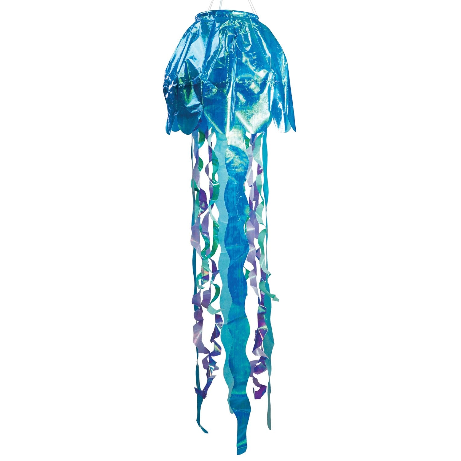 50-inch blue iridescent jellyfish 3D windsock with flowing tentacles, showcasing vibrant colors against a garden backdrop, fluttering in the wind.