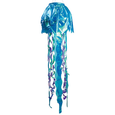 50-inch blue iridescent jellyfish 3D windsock with flowing tentacles, showcasing vibrant colors against a garden backdrop, fluttering in the wind.