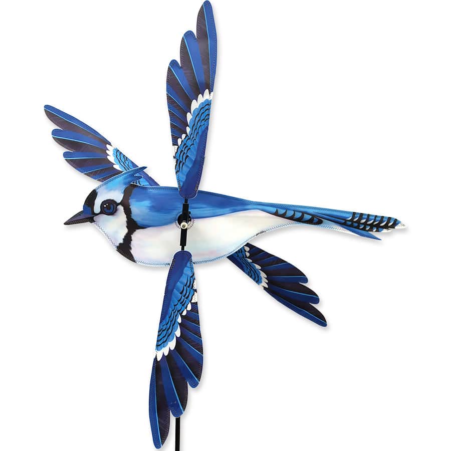 blue jay whirligig spinner with vibrant wings, suntex fabric, and 28 inch diameter for lifelike movement in light breeze