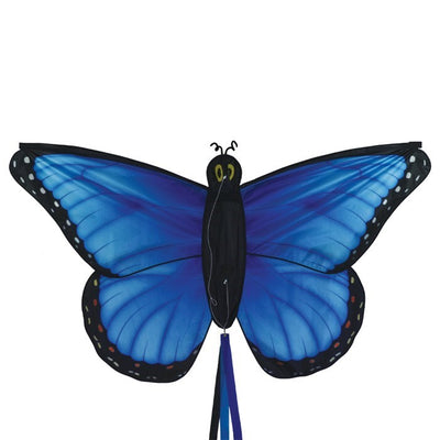 Blue Morpho Butterfly Kite soaring in the sky, featuring vibrant blue colors and a striking butterfly design, ready for outdoor fun.