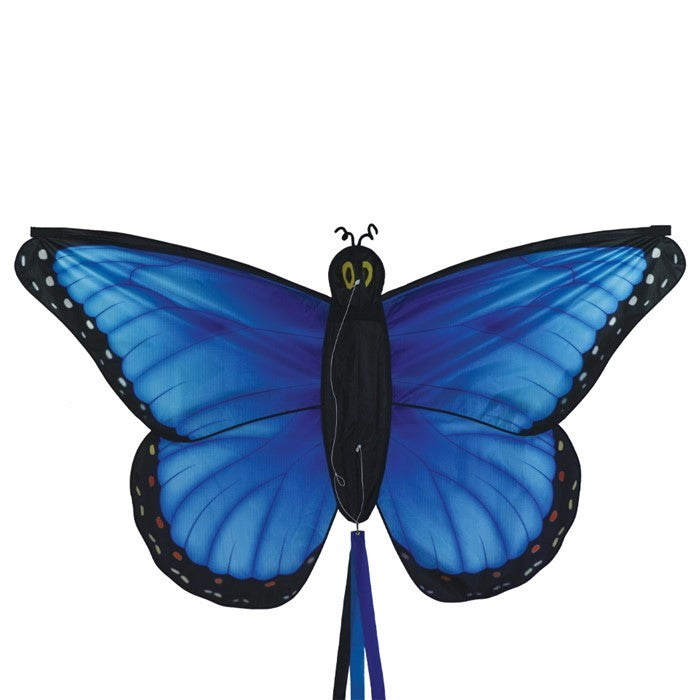Blue Morpho Butterfly Kite soaring in the sky, featuring vibrant blue colors and a striking butterfly design, ready for outdoor fun.