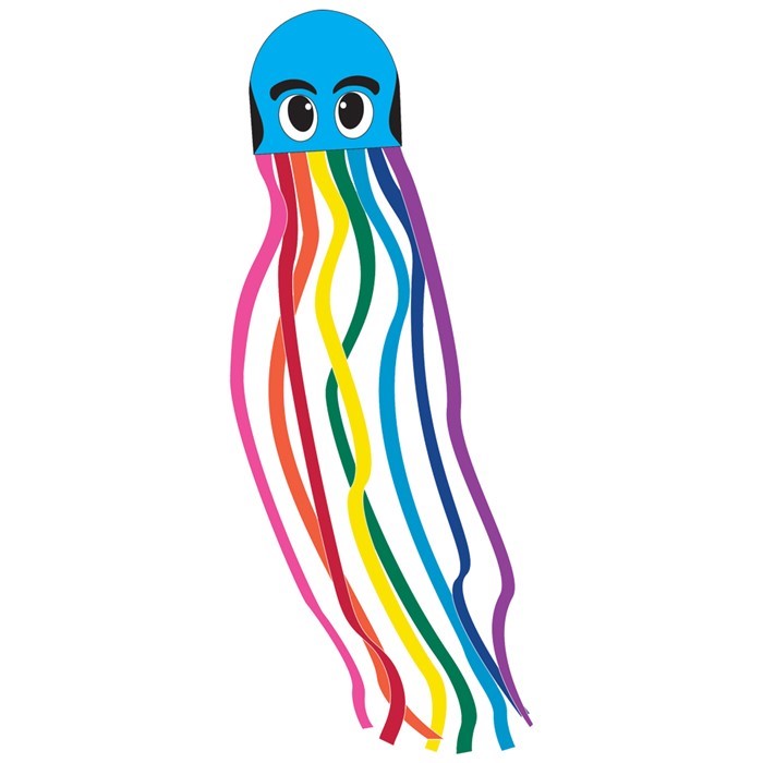 Blue Octopus Kite featuring a vibrant octopus design made from ripstop nylon, flying against a clear sky on a fiberglass frame.
