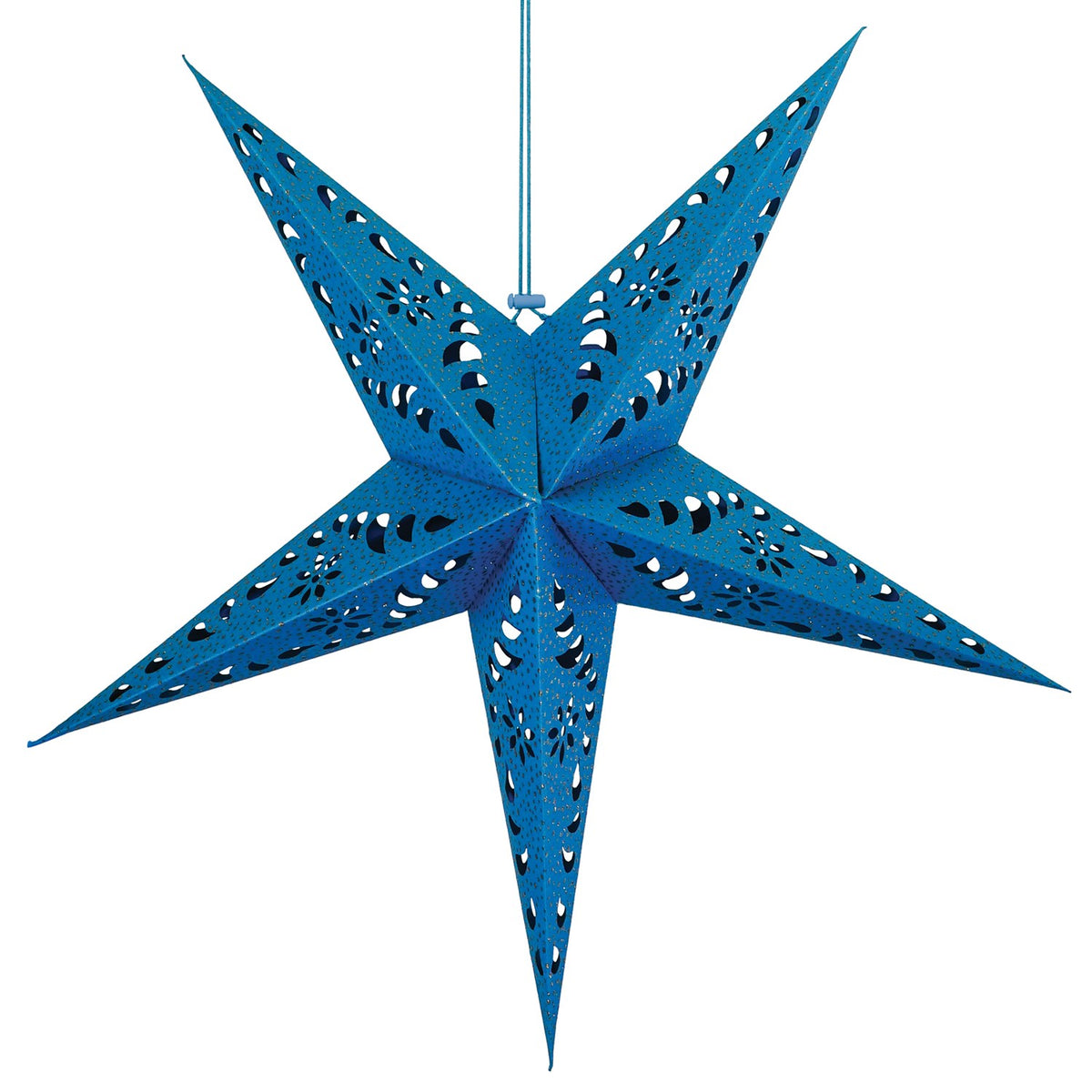 Blue Paper Star Lantern with intricate cutouts, hung indoors, providing a glowing ambiance in a boho-inspired setting.