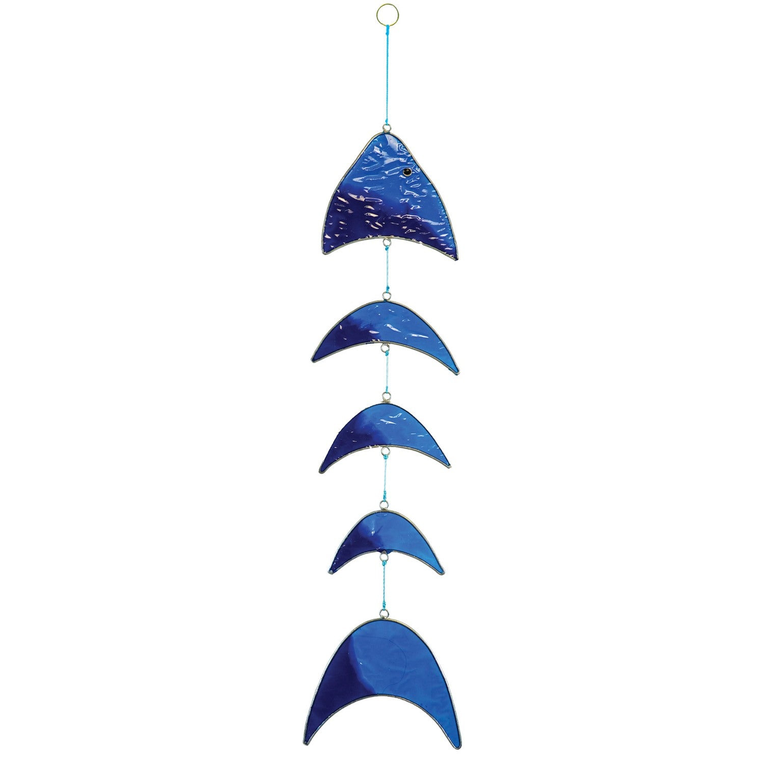 Blue Resin Fish Mobile featuring a blue gradient design, hanging decor with colored resin blocks, swaying gently in a sunlit outdoor setting.