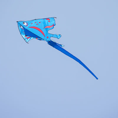 Blue Stingray Kite with vibrant applique design flying high in the sky, featuring a 6-foot wingspan and a sturdy tube tail for stability.