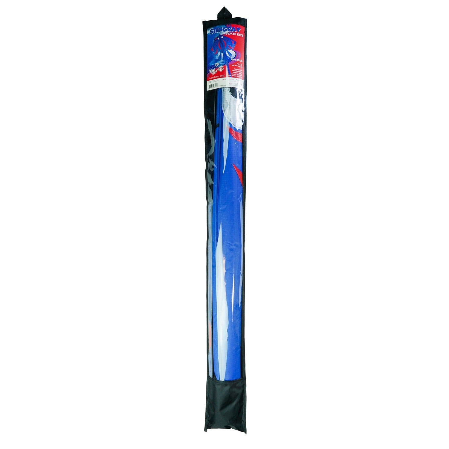 Blue Stingray Kite with vibrant applique design flying high in the sky, featuring a 6-foot wingspan and a sturdy tube tail for stability.