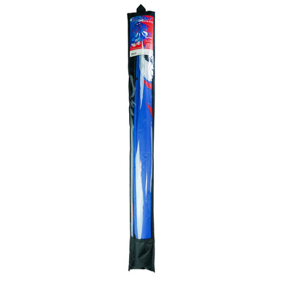 Blue Stingray Kite with vibrant applique design flying high in the sky, featuring a 6-foot wingspan and a sturdy tube tail for stability.