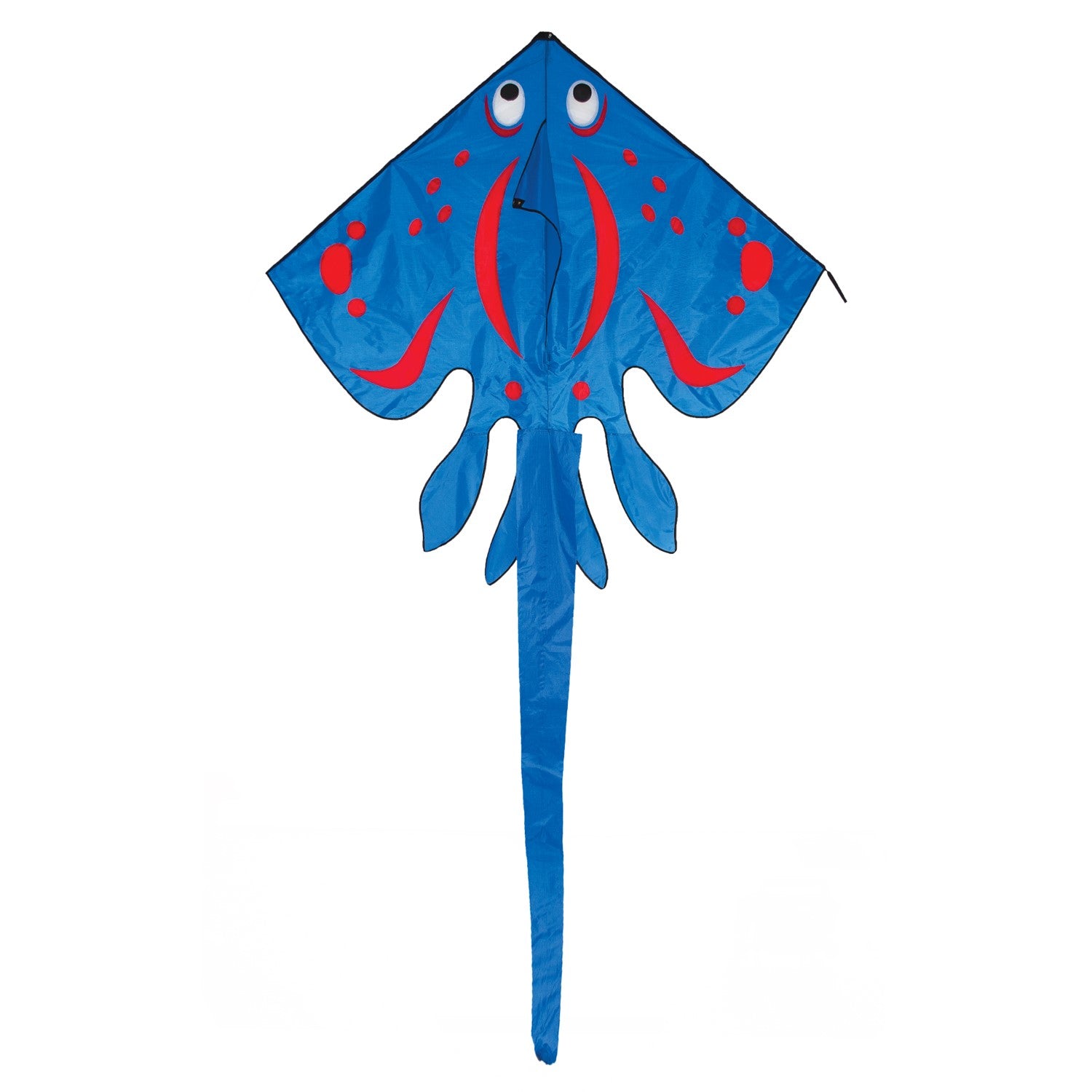 Blue Stingray Kite with vibrant applique design flying high in the sky, featuring a 6-foot wingspan and a sturdy tube tail for stability.