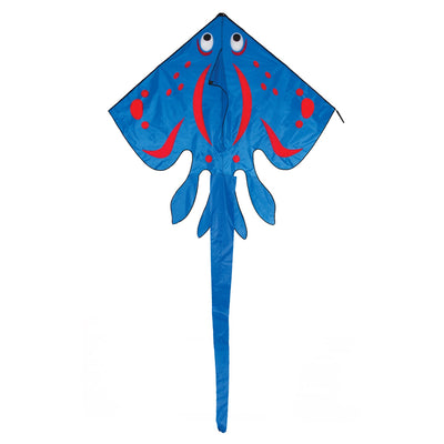 Blue Stingray Kite with vibrant applique design flying high in the sky, featuring a 6-foot wingspan and a sturdy tube tail for stability.