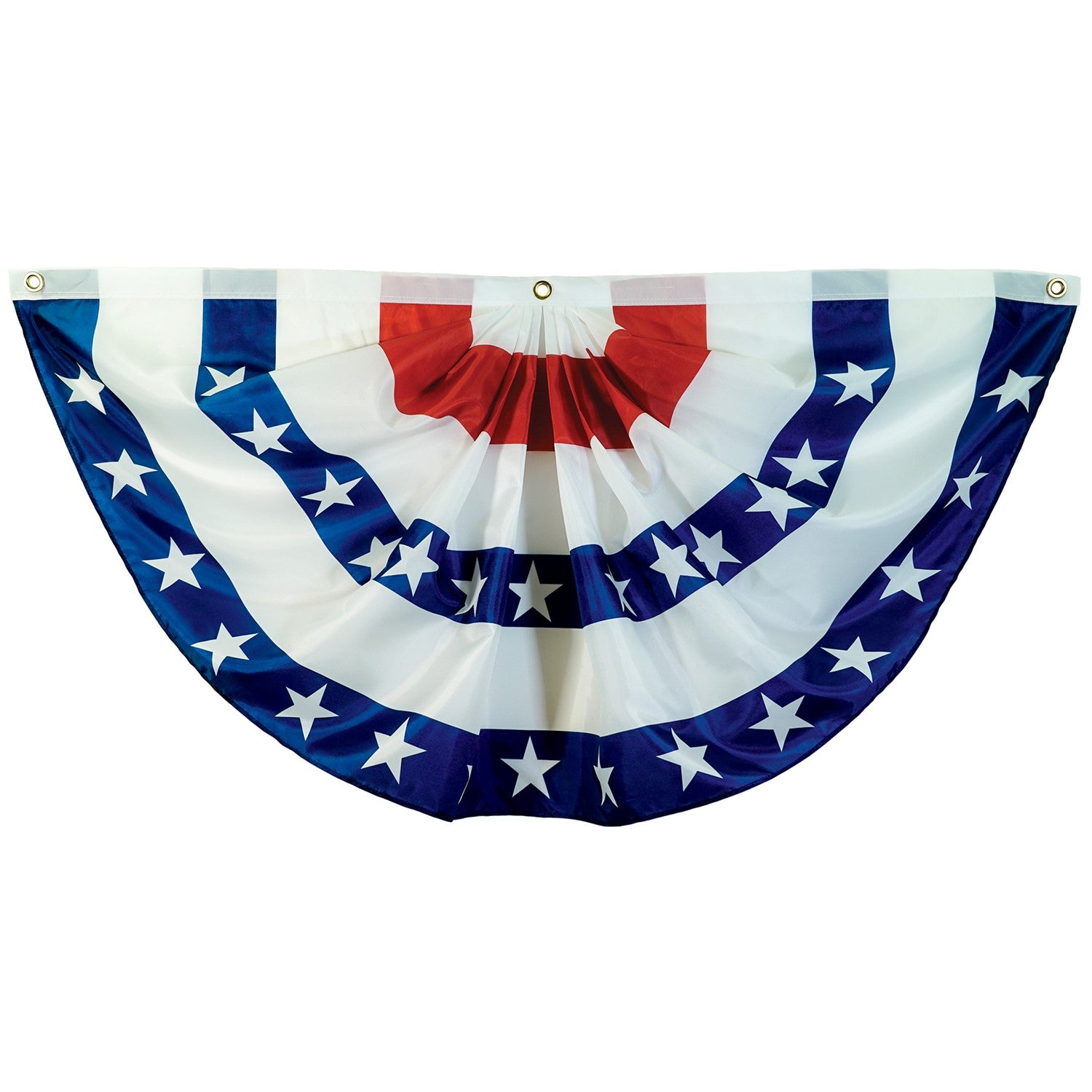 Blue Stripe Printed Bunting, featuring pleated half-circle design with brass grommets, displayed outdoors, ideal for patriotic decorations.