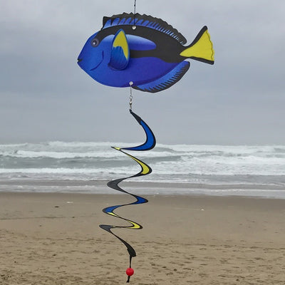 Colorful Blue Tang Theme Twister spinning in the breeze, showcasing vibrant marine design and curlie tail, perfect for outdoor decor.