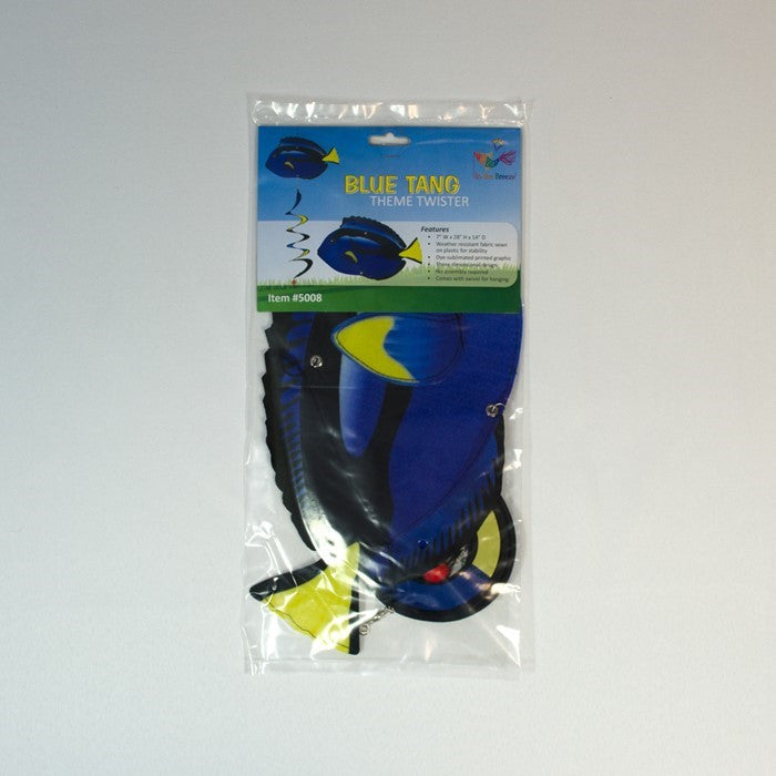 Colorful Blue Tang Theme Twister spinning in the breeze, showcasing vibrant marine design and curlie tail, perfect for outdoor decor.