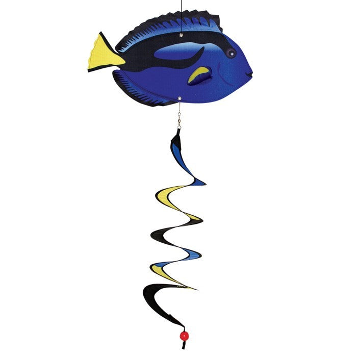 Colorful Blue Tang Theme Twister spinning in the breeze, showcasing vibrant marine design and curlie tail, perfect for outdoor decor.