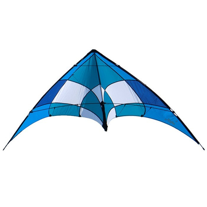 Blue/Teal Alpha + 3 kite with Dyneema lines in a clear sky, showcasing its ripstop nylon fabric and aerodynamic design.