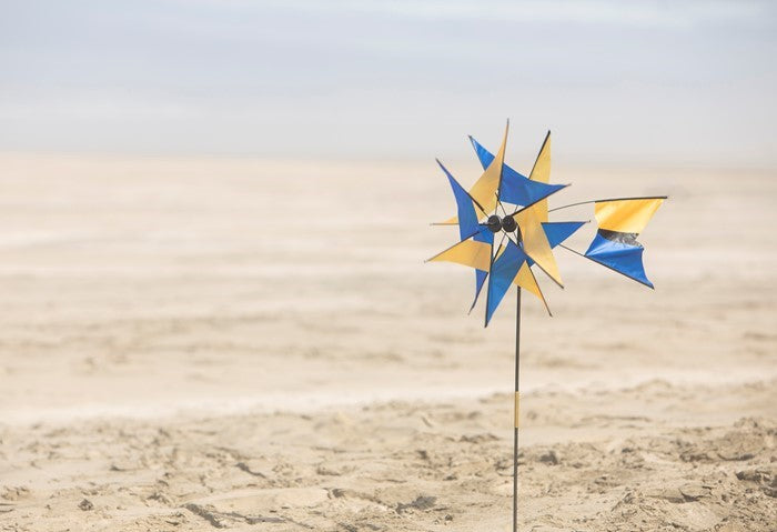 Blue and Yellow Kaleidoscope Ground Spinner displaying vibrant colors on a pivoting sail, gracefully rotating in an outdoor garden setting.