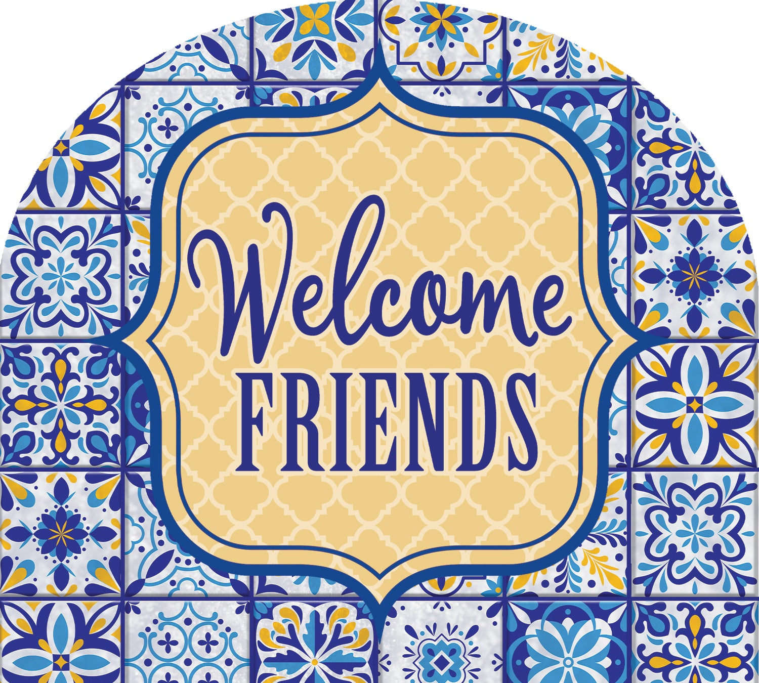 Blue and Yellow Tile Arbor Mate PVC panel displayed in a garden, featuring vibrant patterns that enhance outdoor aesthetics.