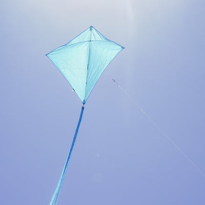 Blueberry 30'' Colorfly Diamond Kite flying high in a clear blue sky with three vibrant tails trailing behind.