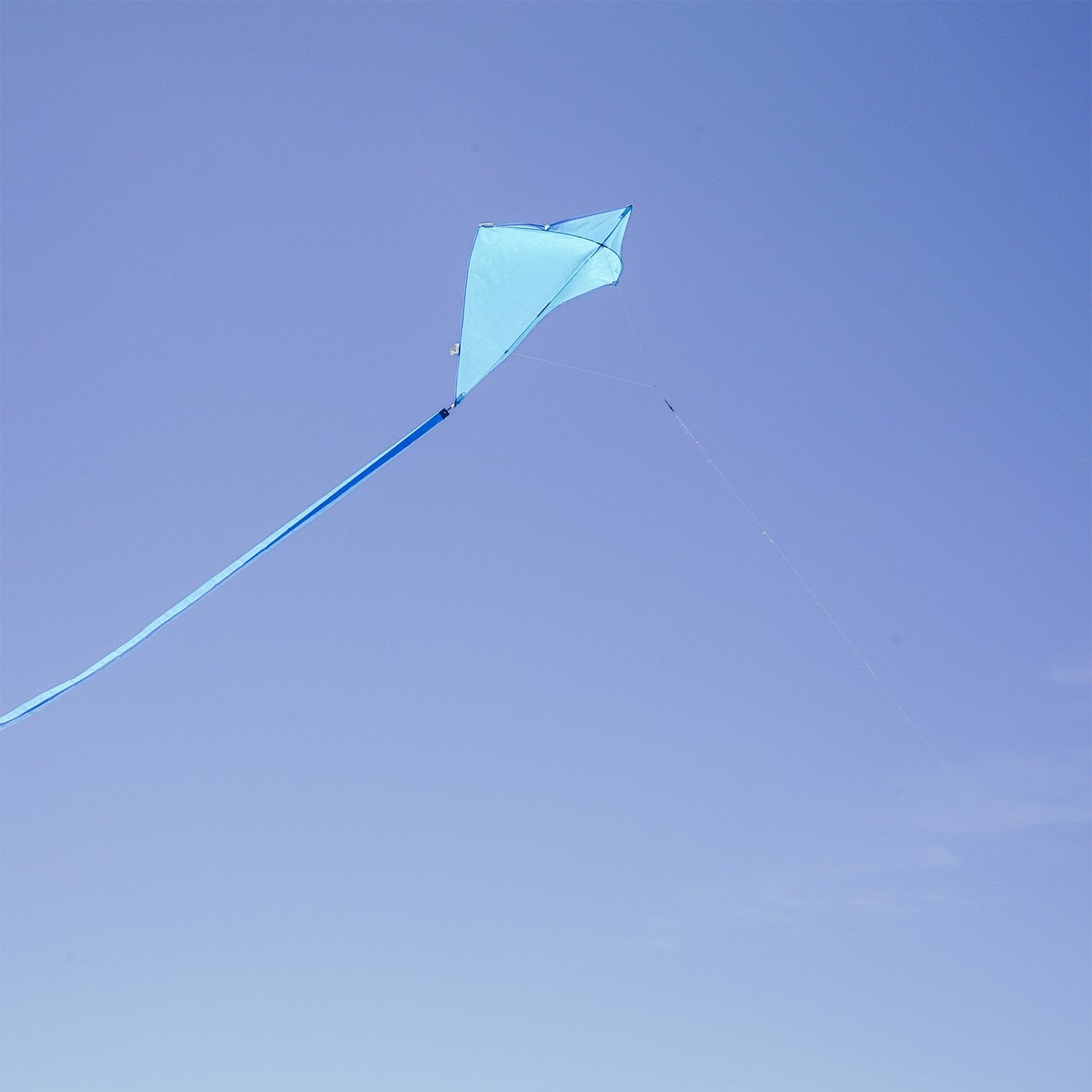 Blueberry 30'' Colorfly Diamond Kite flying high in a clear blue sky with three vibrant tails trailing behind.