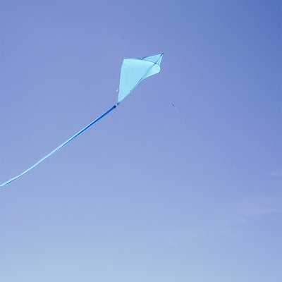Blueberry 30'' Colorfly Diamond Kite flying high in a clear blue sky with three vibrant tails trailing behind.