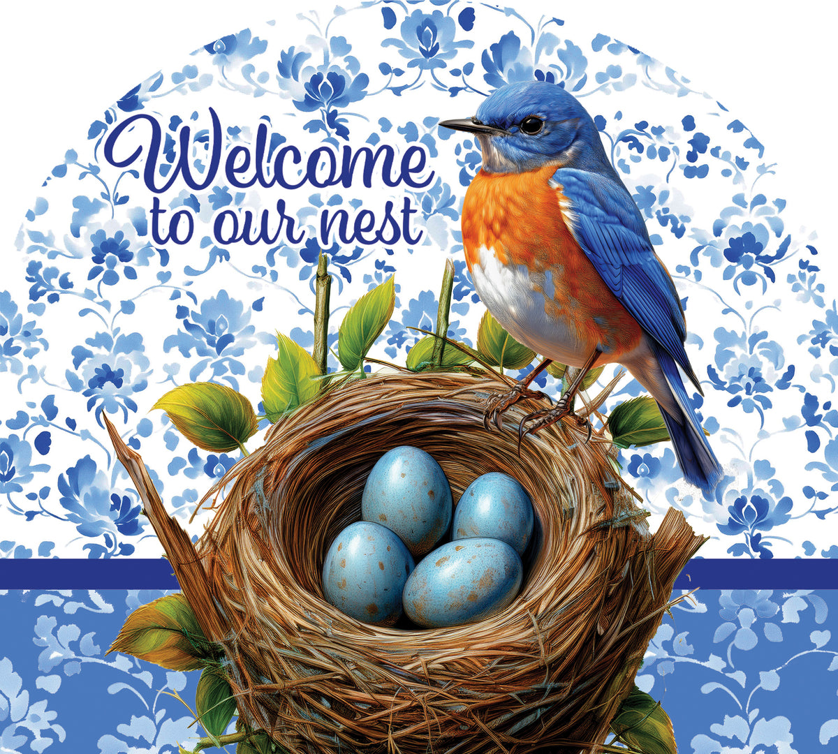 Bluebird Nest-Arbor Mate decorative panel in vibrant colors, designed to attract bluebirds, displayed with Arbor Mate holder in a lovely garden setting.