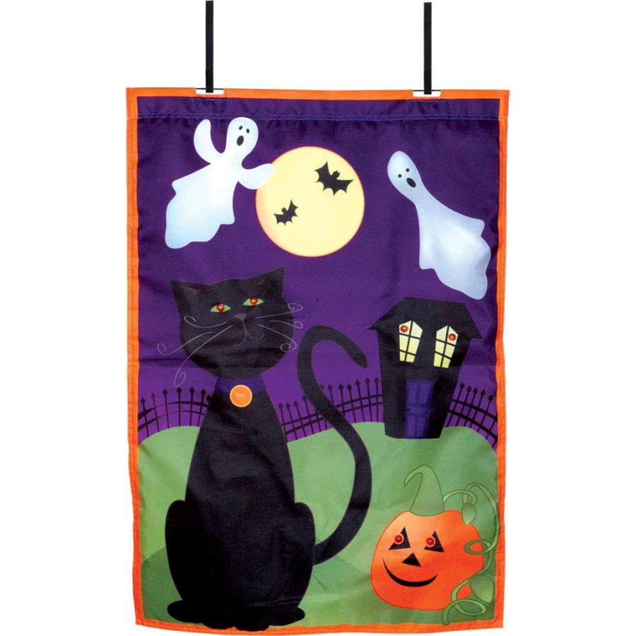 Boo voice-controlled flag displayed over a front door, featuring vibrant Halloween designs and a light-up feature for festive decoration.