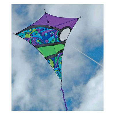 Borealis Diamond Kite - Cool Orbit displaying contemporary graphics against a clear blue sky, ready for flight outdoors.
