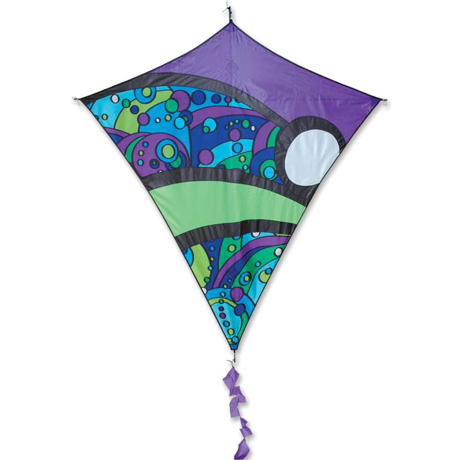 Borealis Diamond Kite - Cool Orbit displaying contemporary graphics against a clear blue sky, ready for flight outdoors.