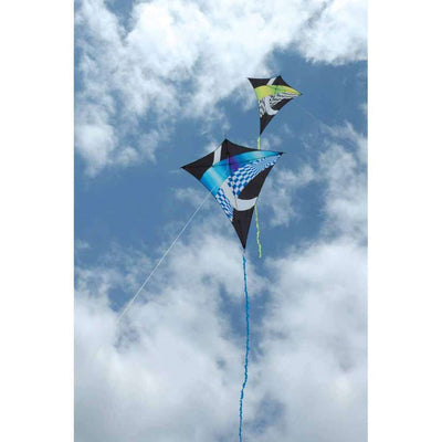 Borealis Diamond Kite in Neon Tronic Gradient displayed against a blue sky, showcasing its vibrant colors and diamond shape.
