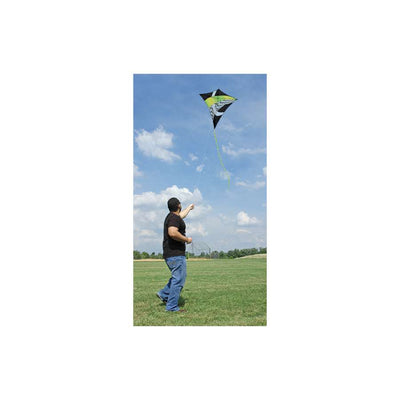 Borealis Diamond Kite in Neon Tronic Gradient displayed against a blue sky, showcasing its vibrant colors and diamond shape.