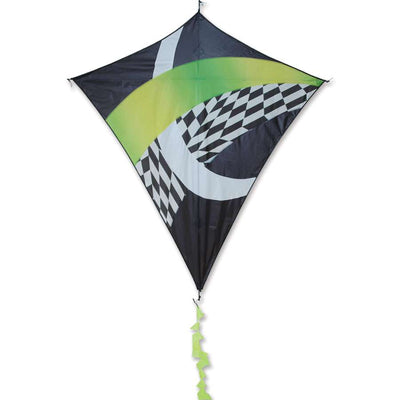 Borealis Diamond Kite in Neon Tronic Gradient displayed against a blue sky, showcasing its vibrant colors and diamond shape.