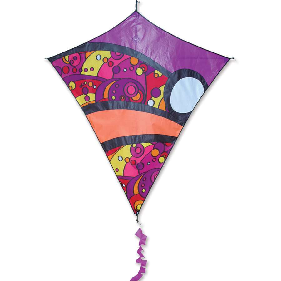 Borealis Diamond Kite - Warm Orbit flying in a clear blue sky, showcasing its colorful design and large diamond shape against the backdrop.
