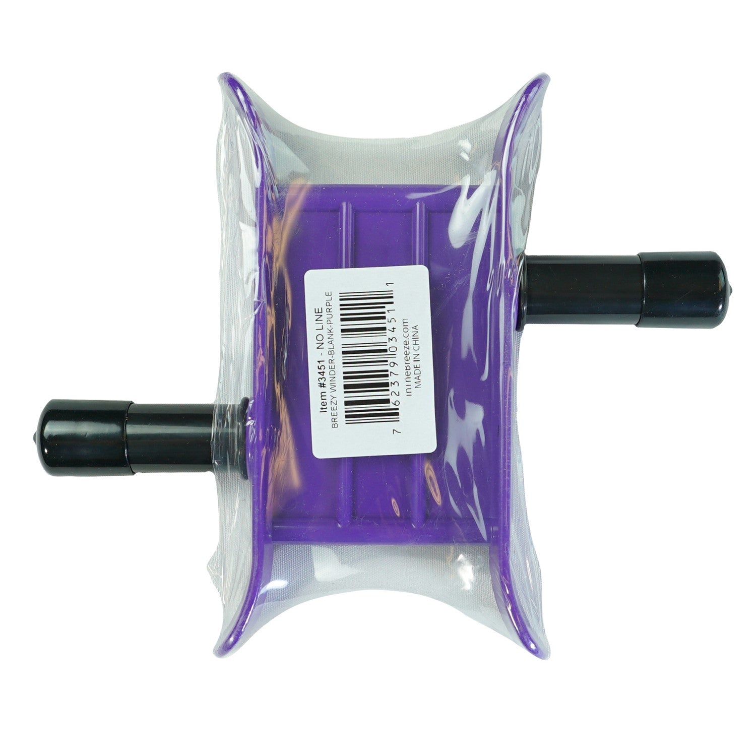 Breezy WinderTM Purple featuring a solid plastic body and pedal mechanism for easy kite line management, displayed against a clear blue sky.