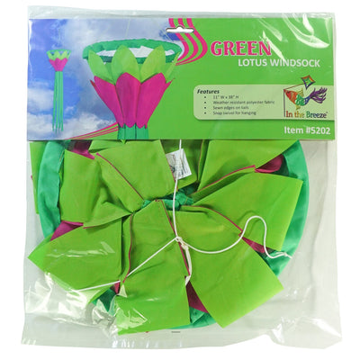 Bright Green 38 inch Lotus Flower Windsock with colorful petals and flowing green tails displayed in a garden setting under clear skies.
