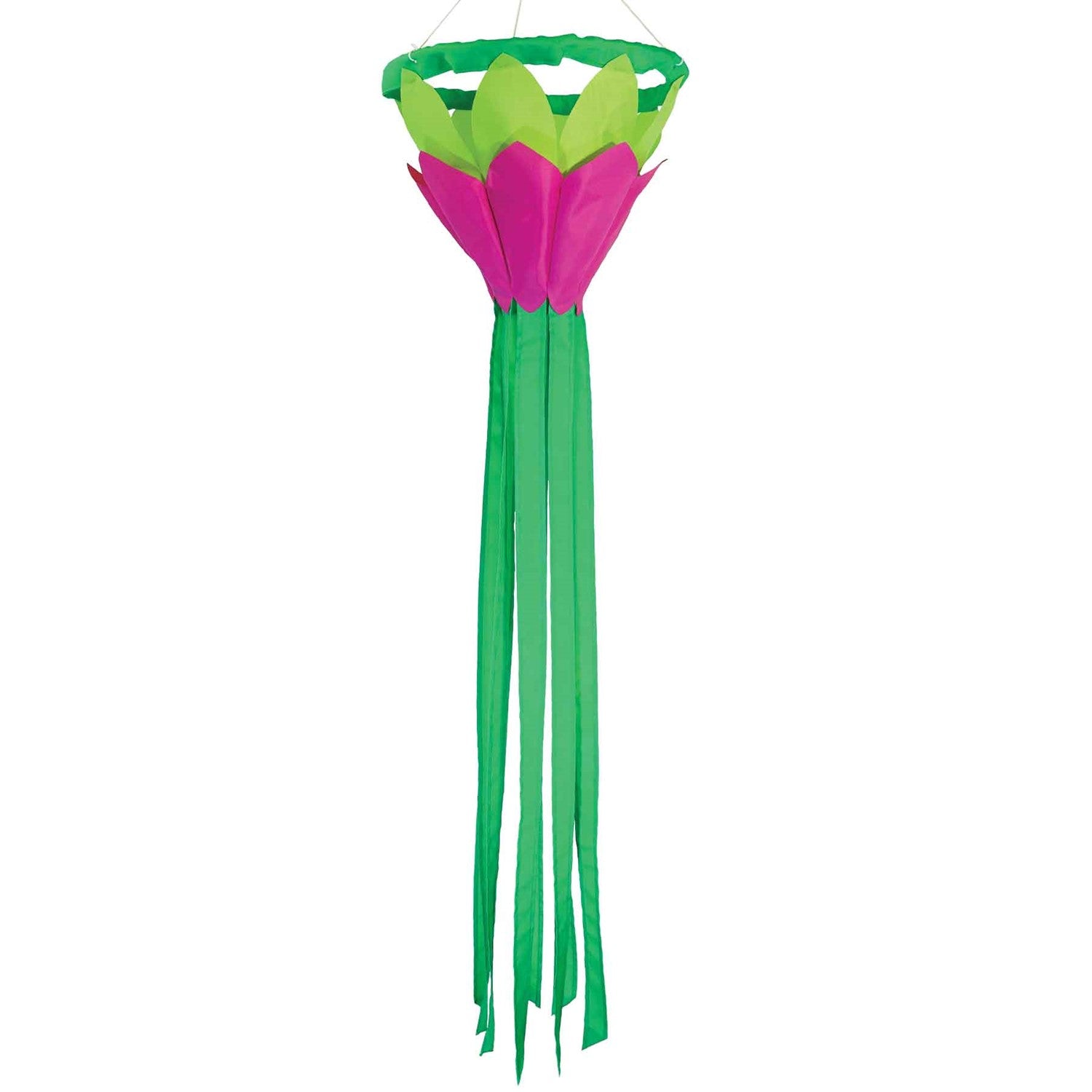 Bright Green 38 inch Lotus Flower Windsock with colorful petals and flowing green tails displayed in a garden setting under clear skies.