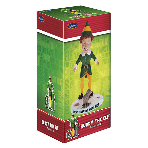 Buddy the Elf with Raccoon bobblehead standing on a shelf, showcasing vibrant colors and playful design, perfect for holiday decor.