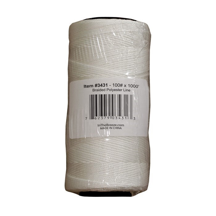 Bulk Braided Line 100# x 1000' displayed on a reel, showing the strong polyester fibers for kites and crafting projects.