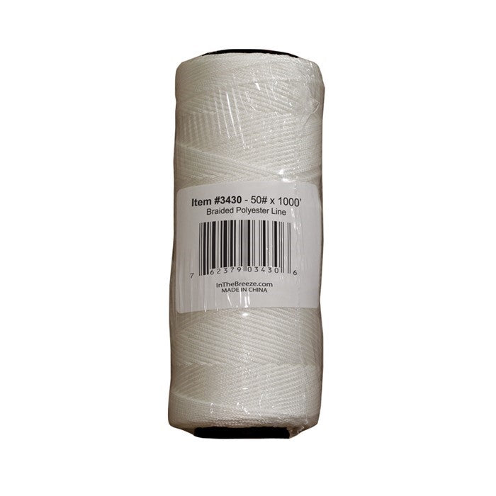 Bulk Braided Line 50# x 1000' made of durable polyester, displayed on a spool with kite flying and crafting possibilities.