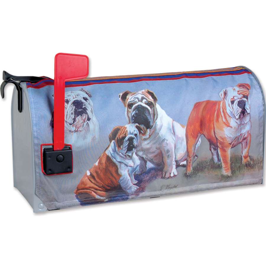 Bulldogs mailbox cover with colorful bulldog graphics on a standard mailbox displayed in a front yard setting.