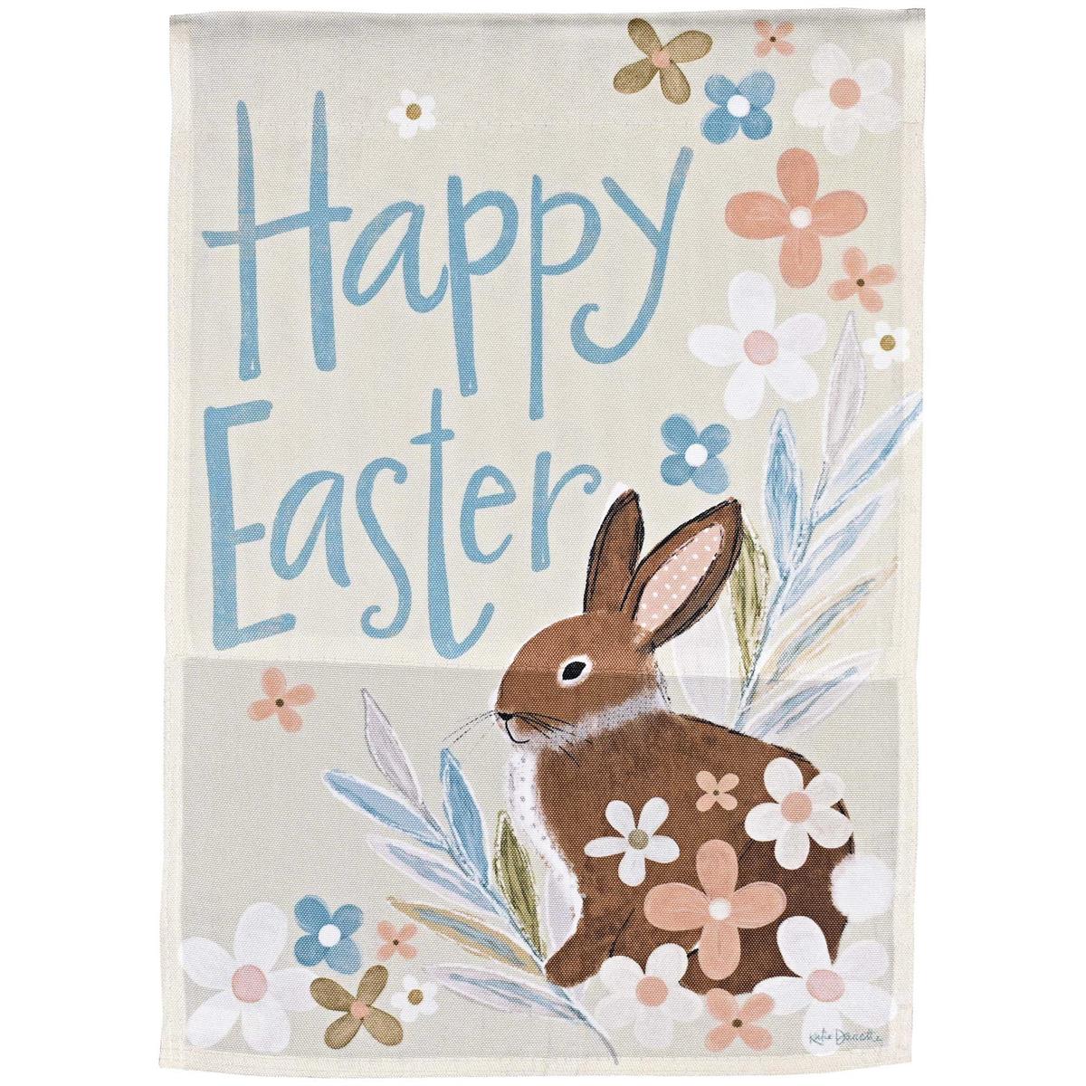 Bunny Happy Easter garden flag in vibrant colors, showcasing an enchanting bunny design, displayed in a garden setting.