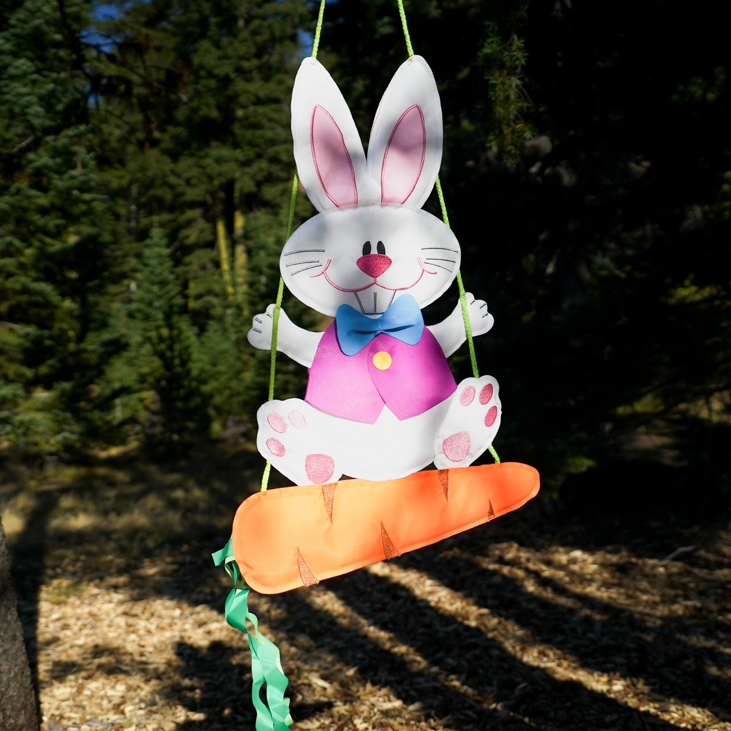 Bunny Wind Friend hanging decoration featuring embroidered features and a full vest, perfect for Easter garden decor in bright colors.