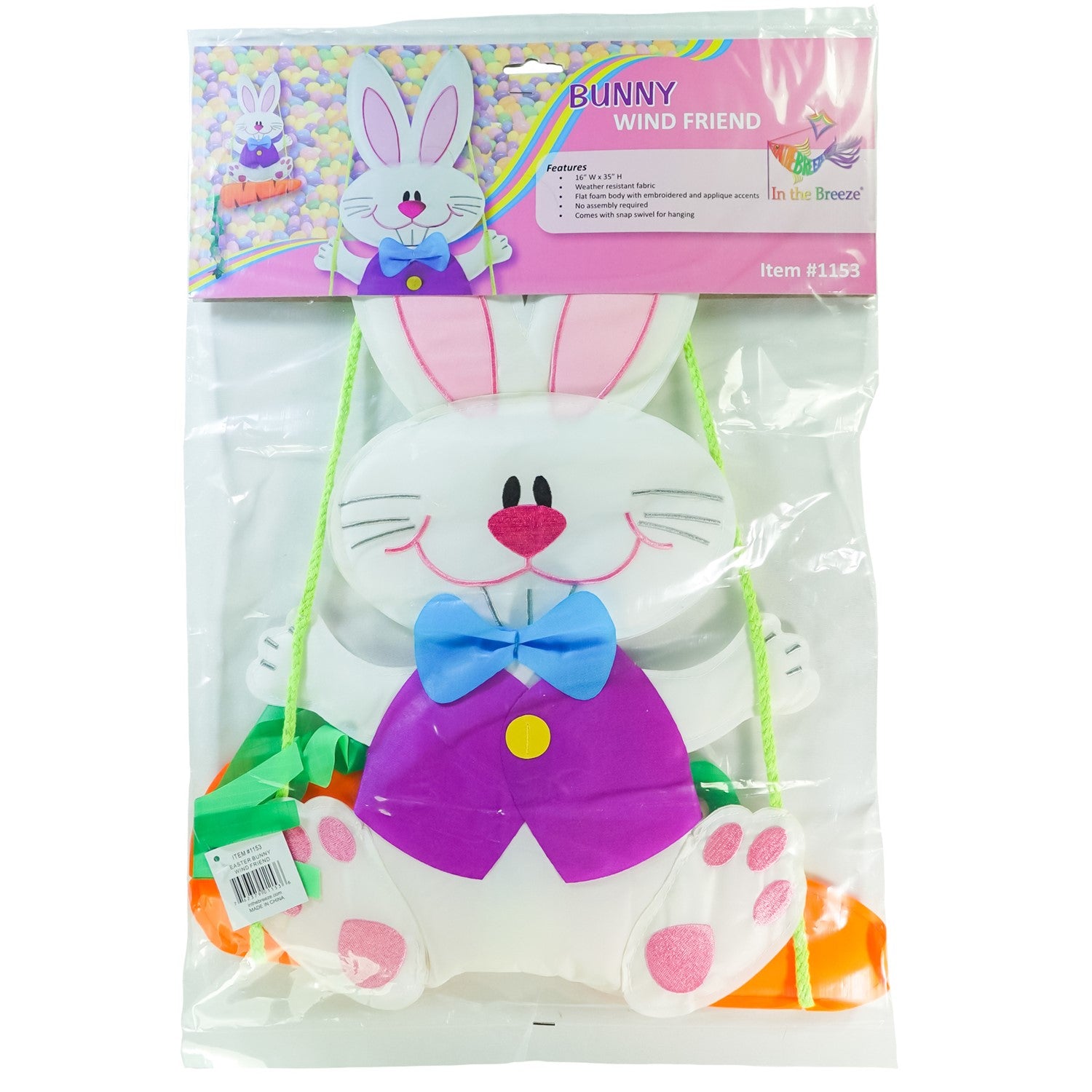 Bunny Wind Friend hanging decoration featuring embroidered features and a full vest, perfect for Easter garden decor in bright colors.