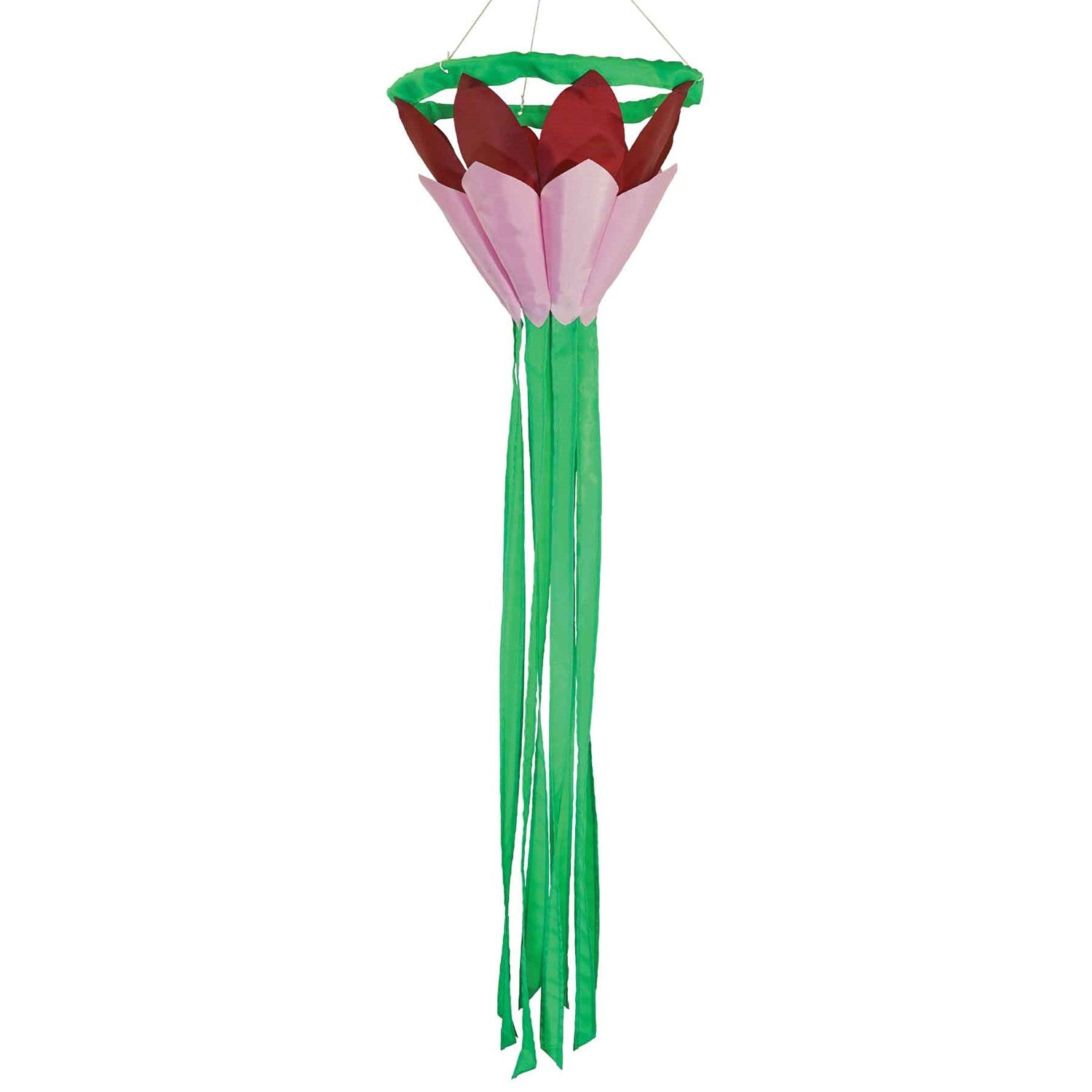Burgundy 38' Lotus Flower Windsock with colorful petals and flowing green tails swaying gently in the breeze, enhancing a garden space.