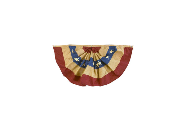 Rustic 36 x 18 burlap patriotic bunting with vivid USA print, ideal for porch railings, balconies, or rustic seasonal holiday decor.