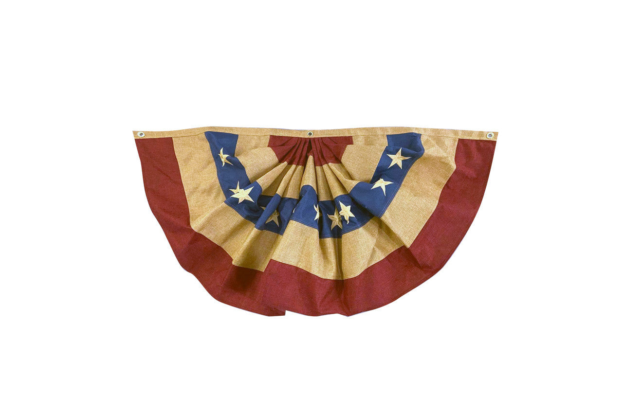 Rustic burlap patriotic bunting in red, white, and blue for garden displays and porch railings. Measures 48" x 24" and built to last outdoors.